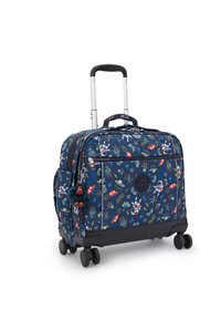 Valigia a rotelle in tessuto blu navy con motivi colorati a tema spaziale, due cerniere, una maniglia superiore e un portachiavi a forma di scimmia pelosa.