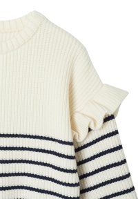 Cremig gestreifter Pullover mit marineblauen horizontalen Streifen, gerippter Textur und rüschierten Ärmeln. Besitzt einen runden Halsausschnitt und weiches Strickmaterial.