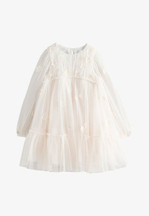 Cremefarbenes Langarm-Kleid für Kleinkinder mit transparentem Tupfenstoff, floralen Applikationen, geraffter Taille und Volantsaum.