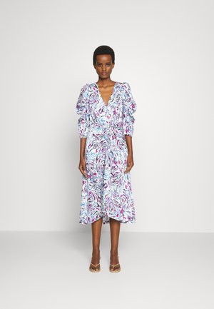 Rochie cu decolteu în V și mâneci puff, într-un design cu nuanțe de albastru, roz și alb. Lungime midi, cu talie ajustată și fustă fluidă.