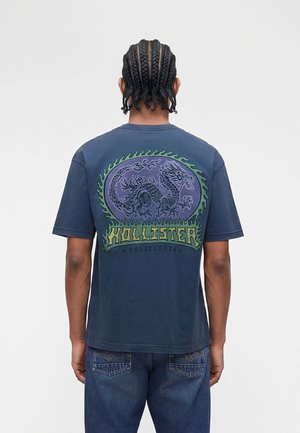 Osoba s pletenicama koja nosi tamnoplavu majicu s zelenim i ljubičastim motivom zmaja i natpisom "Hollister California" na leđima.