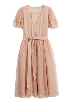 Light pink midi dress with puff sleeves, front buttons, waist tie, dotted texture, and floral embroidery on sleeves and hem.
