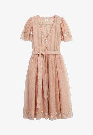 Light pink midi dress with puff sleeves, front buttons, waist tie, dotted texture, and floral embroidery on sleeves and hem.