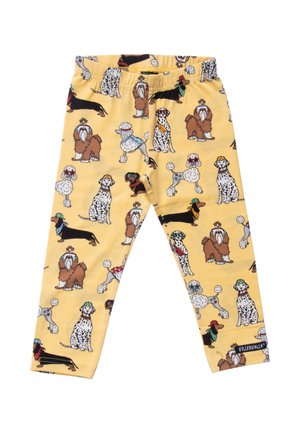 Pantalon jaune pour enfants avec taille élastique, orné d'un motif de chiens de dessin animé colorés portant des chapeaux et des accessoires.