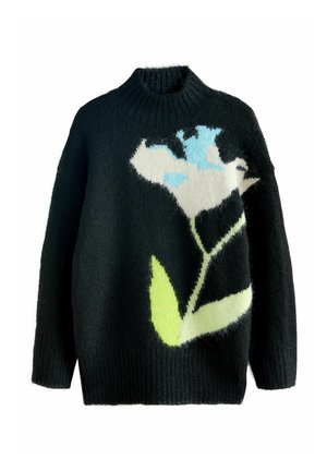 Black knitted sweater with ribbed collar and cuffs, featuring a large abstract flower design in white, blue, and green on the front.