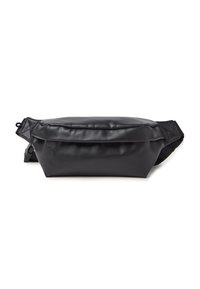 Marsupio nero realizzato in materiale liscio e opaco. Forma compatta e rettangolare con una chiusura zip nella parte superiore e una cintura regolabile sul retro.