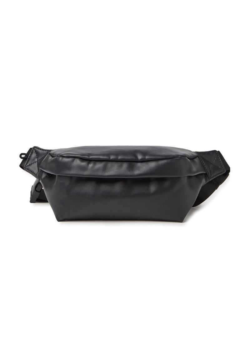 Marsupio nero realizzato in materiale liscio e opaco. Forma compatta e rettangolare con una chiusura zip nella parte superiore e una cintura regolabile sul retro.