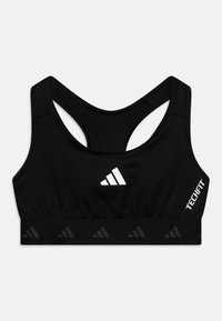 Soutien-gorge de sport noir avec un tissu lisse, un design dos nageur, des détails en mesh et un logo Adidas blanc à l'avant et sur la bande.