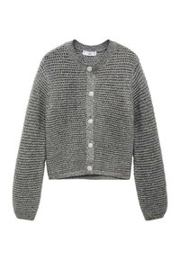 Cardigan gri tricotat, cu guler rotund, mâneci lungi și cinci nasturi pe față, evidențiind un model de tricotaj texturat.