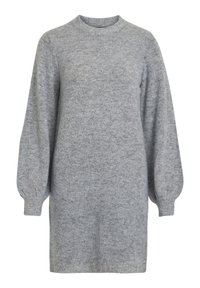 Robe pull gris en maille avec un col rond, des manches longues et volumineuses, et une coupe ample. Texture douce, longueur mi-cuisse, design minimaliste.