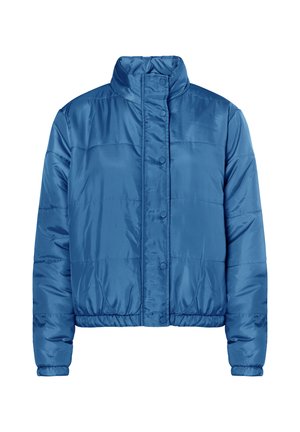 Zila pūkāmā jaka ar augstu apkakli, priekšējiem spiedpogām, savilkta apakša un pāršūta tekstūra. Izgatavota no viegla, gluda auduma.