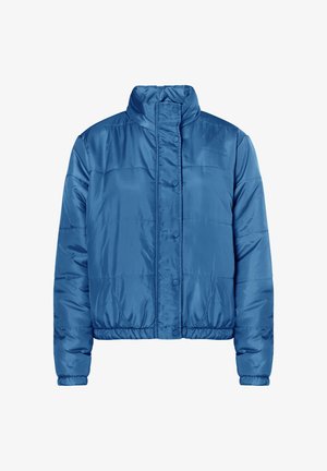 Sinine puhvrjakker kõrge kaelusega, eespressitavad nööbid, kogutud hem ja tikitud tekstuur. Valmistatud kergest ja siledast kangast.