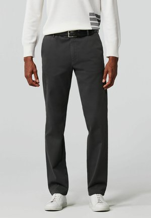 Gray cotton pants with a straight fit, featuring a black belt and white sneakers. Simple design, smooth texture, and no visible patterns.