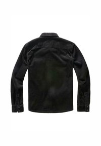 Svart kordflorsskjorta med långa ärmar och knappade manschetter, sedd framifrån mot en vit bakgrund.