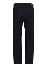 Dark blue denim jeans with a straight cut, featuring two back pockets and contrasting yellow stitching. No visible logos or embellishments.