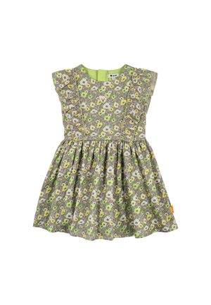 Floral-patterned dress with ruffled sleeves, primarily in green and purple, featuring a button with a bear face and gathered skirt.