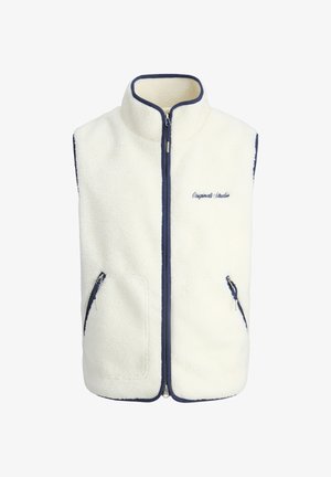 Fleece vest in cream, featuring a high collar, navy trim, zip front, and two side pockets. Lightweight and soft texture.
