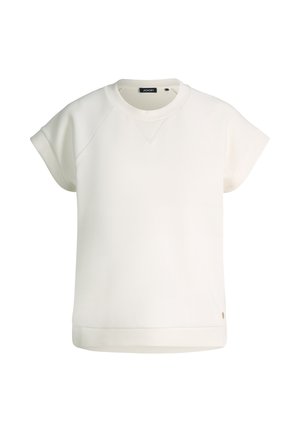 Sweatshirt blanc à manches courtes avec col rond et petit logo de la marque près de l'ourlet, présenté sur un fond blanc uni.