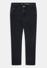 Svarta slim-fit jeans för barn med lätt slitage och femfickorsdesign, märkt GAP Kids, storlek 10.
