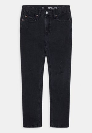 Vaqueros negros de corte ajustado para niños con un ligero desgaste y diseño de cinco bolsillos, etiquetados como GAP Kids, talla 10.