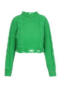 Zöld kötött, cropped pulóver texturált mintával, ribbelt nyakkal és fonott díszítésekkel, valamint kivágott részletekkel az alján.