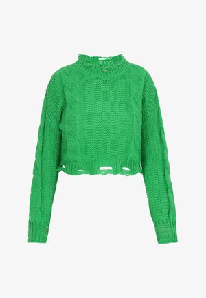 Groene gebreide cropped sweater met een textuurpatroon, voorzien van een geribde halslijn en kabelbreiaccenten, evenals uitsneden aan de onderrand.