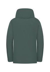 Dunkelgrüne Kapuzenjacke mit langen Ärmeln, von hinten auf weißem Hintergrund gezeigt, ohne sichtbare Logos oder Muster.