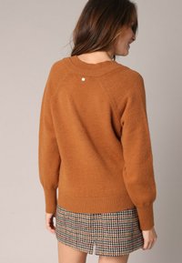 Pull en maille couleur rouille avec un col rond et des manches raglan, présentant un petit accent blanc au dos du col. Porté avec une mini-jupe à motifs.