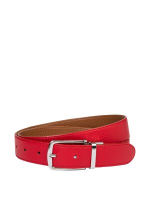 Red leather belt with a pebbled texture, featuring a silver metal buckle and multiple adjustment holes, smooth brown lining on the inside.