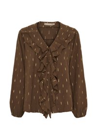 Brun bluse med en flæset halsudskæring og frontlukning. Stoffet har et subtilt mønster af gyldne fjer. Lange ærmer med elastiske manchetter.