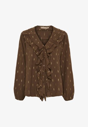 Brun bluse med en flæset halsudskæring og frontlukning. Stoffet har et subtilt mønster af gyldne fjer. Lange ærmer med elastiske manchetter.