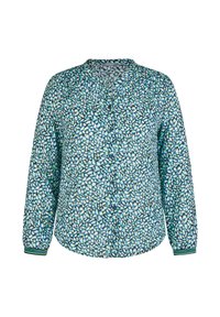 Langärmliges Hemd mit Knopfleiste in einem blauen und grünen Muster, mit V-Ausschnitt und gerippten Bündchen. Hergestellt aus leichtem Stoff.