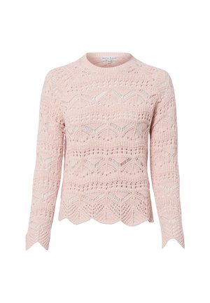 Lichtroze gebreide trui met lange mouwen, ingewikkelde kanten patronen, een geschulpte zoom en een ronde halslijn.