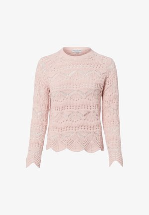 Lichtroze gebreide trui met lange mouwen, ingewikkelde kanten patronen, een geschulpte zoom en een ronde halslijn.