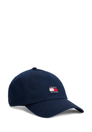 Cappellino da baseball blu navy con visiera curva e patch con il logo Tommy Jeans in rosso, bianco e blu sul pannello frontale.