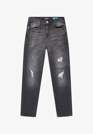 Zwarte distressed spijkerbroek met voorzakken, knoopsluiting en meerdere versleten en gescheurde plekken op beide benen.