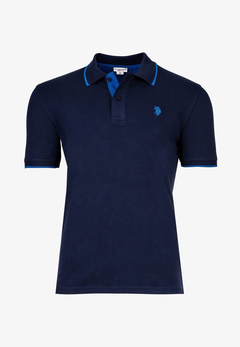 Polo bleu marine manches courtes avec finition bleu clair sur le col et les manches, patte à deux boutons et petit logo brodé sur la poitrine.