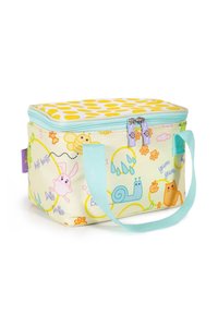 Kindergartentasche mit isolierter Funktion, blauen Griffen, einem gelben Deckel mit Punkten und bunten Tier- und Insektenmotiven.