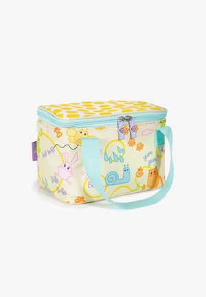 Child's insulated lunch bag with blue handles, yellow polka dot lid, and colorful animal and insect prints.