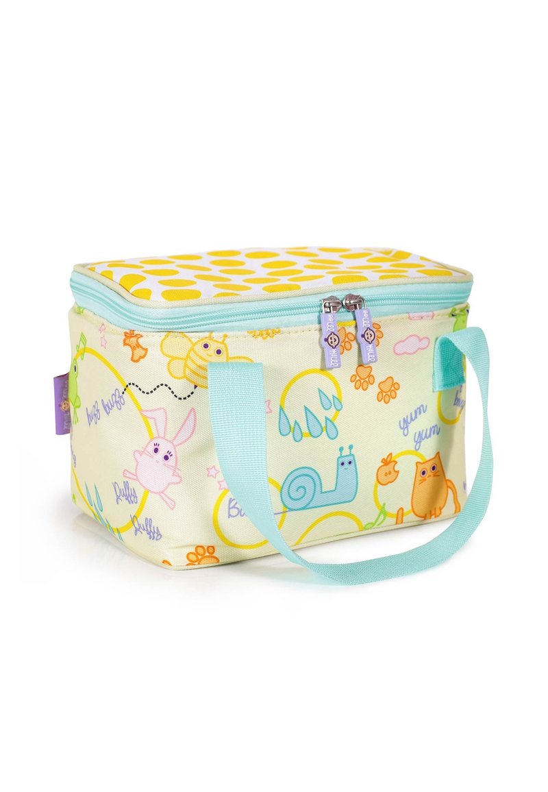 Kindergartentasche mit isolierter Funktion, blauen Griffen, einem gelben Deckel mit Punkten und bunten Tier- und Insektenmotiven.