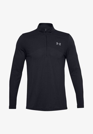 Zwarte lange mouw sporttop met een kwart-rits kraag, gemaakt van een textuurstof en met een klein grijs logo op de linkerkant van de borst.