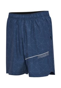 Calções atléticos azul-marinho com padrão geométrico azul-claro, cintura elástica e logotipo branco. Feitos de material leve e respirável.