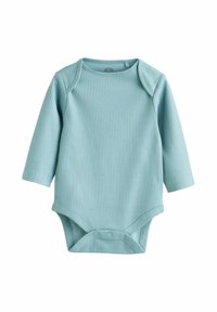 Lysblå ribbet langærmet bodystocking med rund halsudskæring og trykknaplukning i bunden. Blødt, strækbart stof.