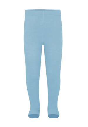 Himmelblaue Strumpfhosen aus einem glatten Stoff, mit einem gerippten Bund, ganzflächiger Abdeckung und geschlossenen Fußabschnitten.
