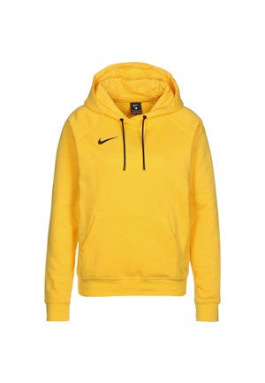 Żółta bluza z kapturem Nike z czarnymi sznurkami, przednią kieszenią typu kangur oraz czarnym logo Nike Swoosh na górnej lewej części klatki piersiowej.