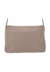 Borsa a spalla in pelle di un elegante taupe chiaro, caratterizzata da una superficie liscia e testurizzata e un design minimalista con apertura superiore, senza hardware visibile.