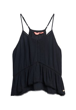 Zwarte mouwloze top met een peplumontwerp, gemaakt van een gestructureerde stof, met kantafwerking en verstelbare spaghettibandjes.