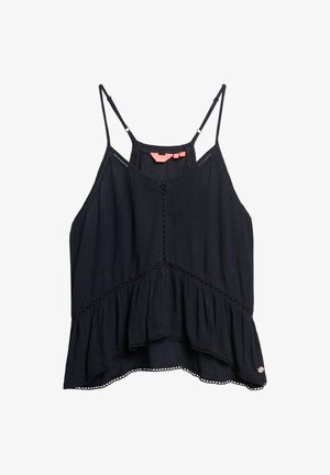 Zwarte mouwloze top met een peplumontwerp, gemaakt van een gestructureerde stof, met kantafwerking en verstelbare spaghettibandjes.
