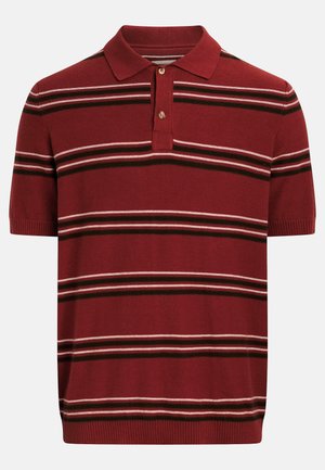 Trumpomis rankovėmis bordo spalvos polo marškinėliai su dviem mygtukais, dengiantys kūną ir rankoves horizontaliosiomis baltomis ir tamsiai rudos spalvos juostelėmis.