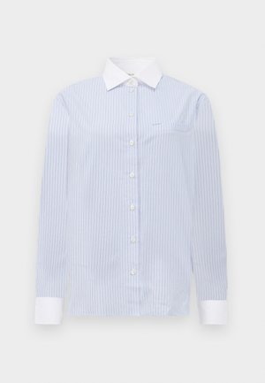 Striped button-up shirt in light blue with white collar and cuffs. Features a subtle pocket and long sleeves with buttoned wrist closures.